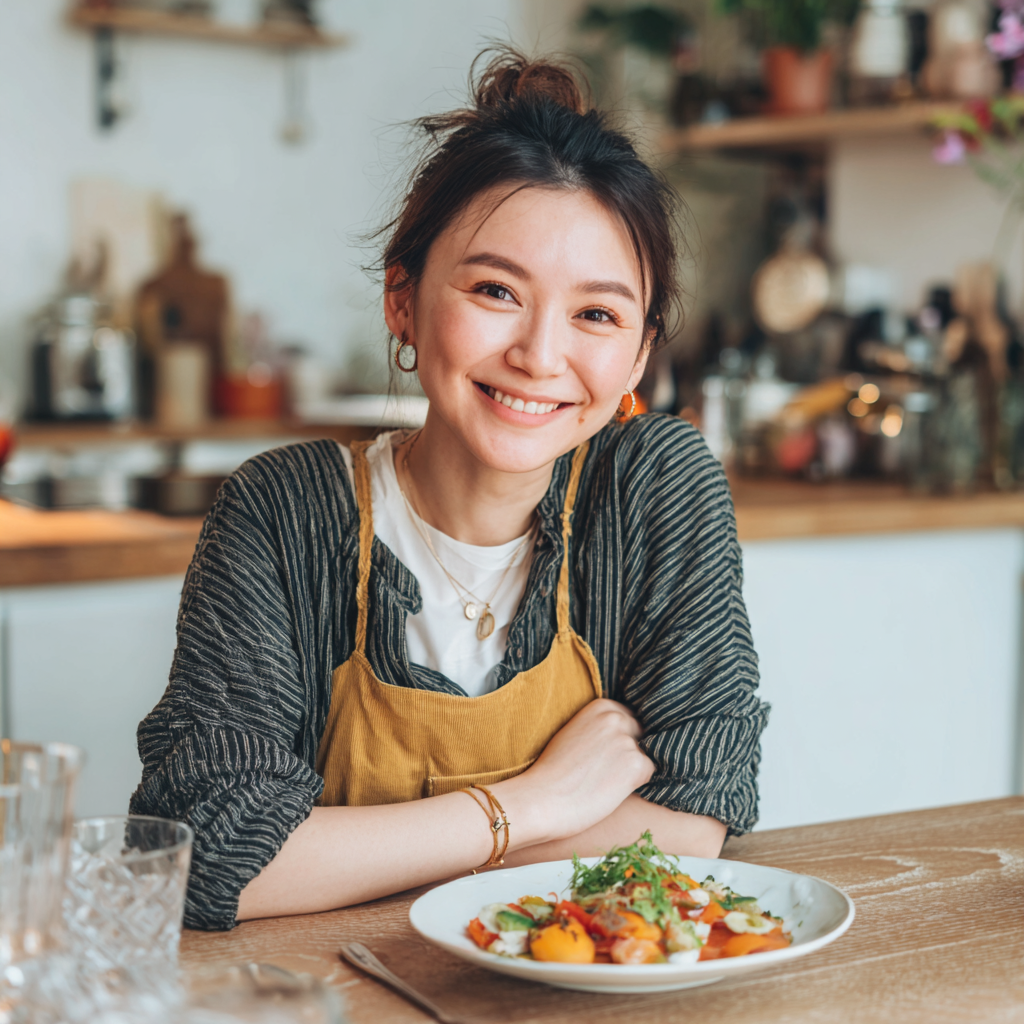 Группа улыбающихся взрослых людей казахской национальности разных возрастов за столом с разнообразной здоровой пищей, включая свежие овощи, фрукты и цельнозерновые продукты