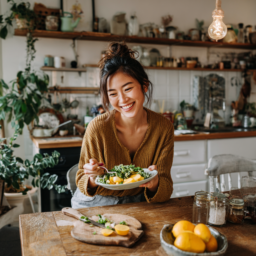 Группа взрослых людей казахской национальности разных возрастов на кухне, готовящих здоровую пищу вместе, улыбающихся и демонстрирующих радость от процесса приготовления полезной еды